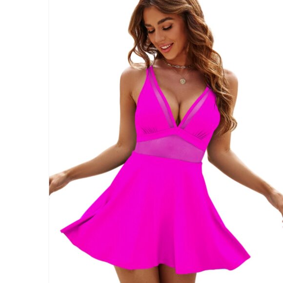 One‎ Piece Swimdress Tummy Control Modest Mesh Hot Pink Swimsuit NEW Small - Picture 1 of 4